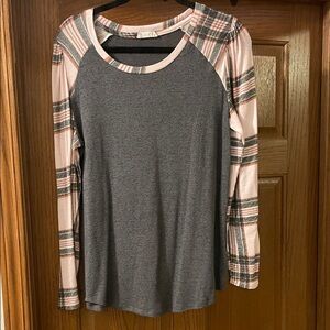 Maurices Gray Top with Pink Plaid Sleeves
